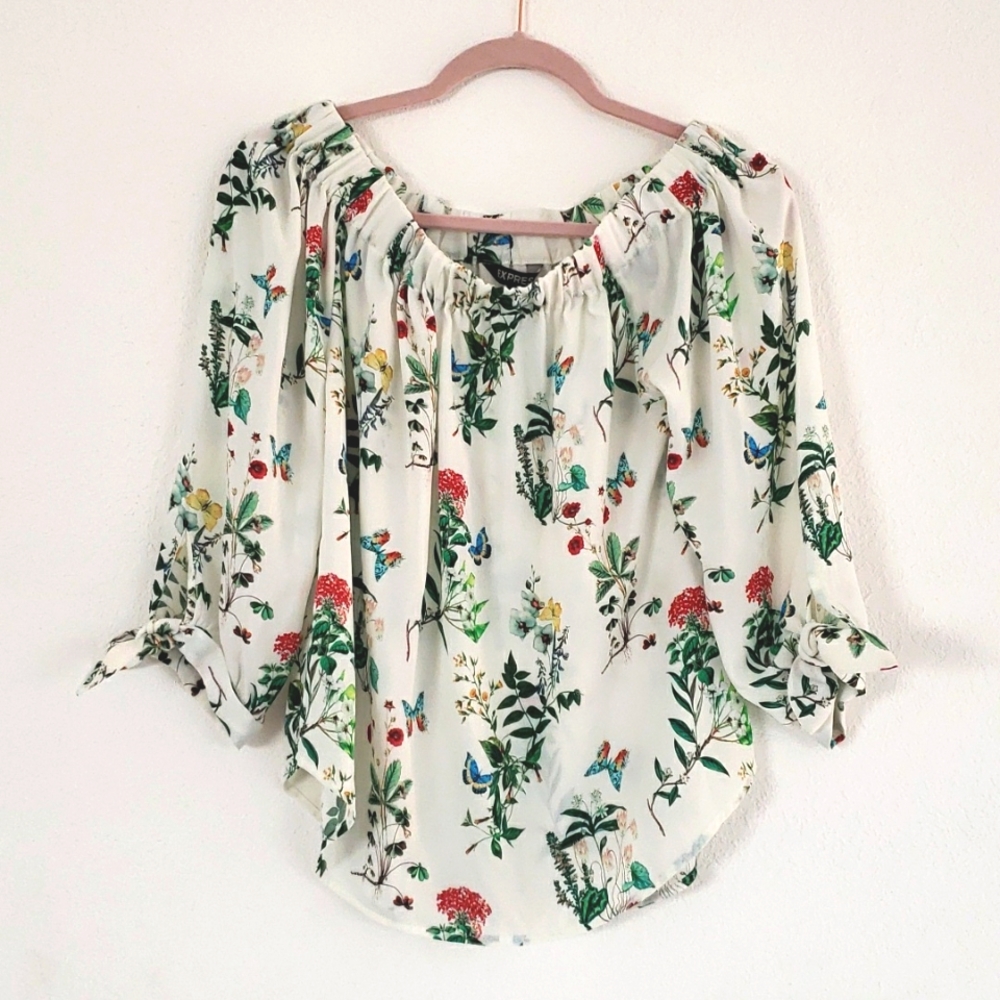 Versatile NWOT EXPRESS Floral Butterfly Blouse Versatile Neckline Bow Sleeves